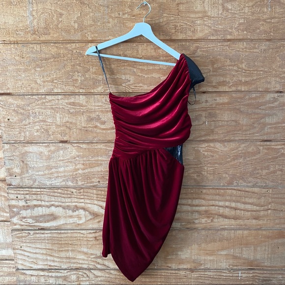bebe Dresses & Skirts - Bebe Velvet Drape One Shoulder Red Dress (Women's Size Small)